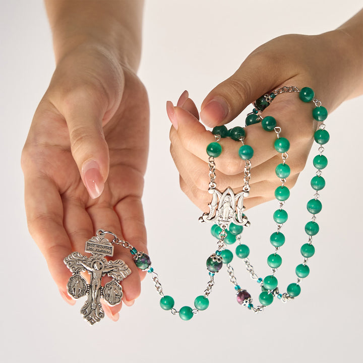 Christianartworkshop Natürliche pfauengrüne Katzenaugenperle mit Wundertätiger Medaille und Kruzifix-Rosenkranz - image 8
