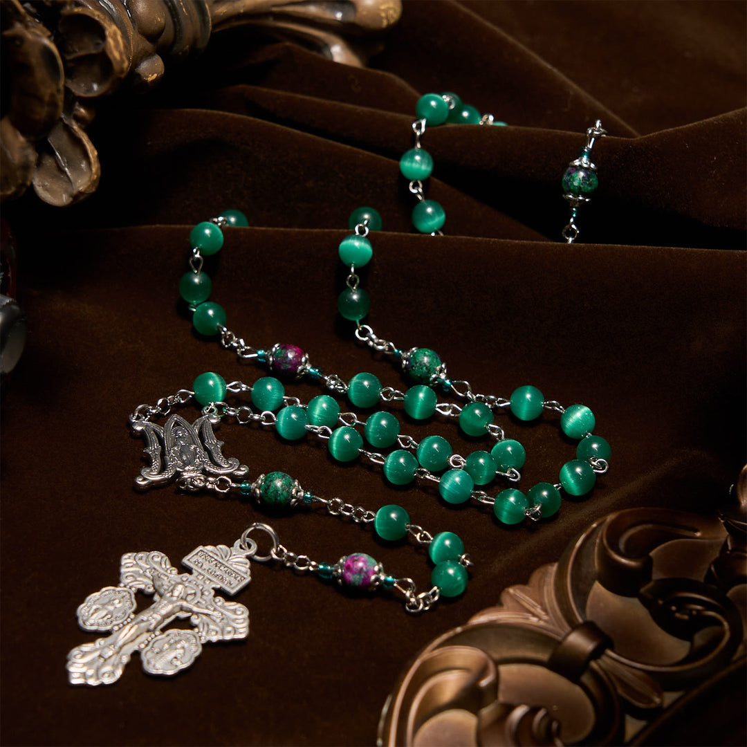 Christianartworkshop Natürliche pfauengrüne Katzenaugenperle mit Wundertätiger Medaille und Kruzifix-Rosenkranz - image 1