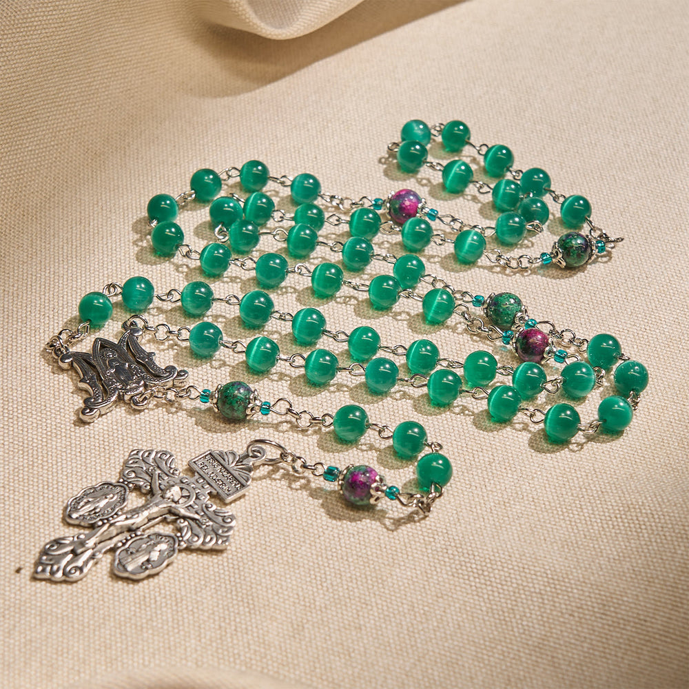 Christianartworkshop Natürliche pfauengrüne Katzenaugenperle mit Wundertätiger Medaille und Kruzifix-Rosenkranz - Wundertätige Medaille & Verzeihungskruzifix - image 2