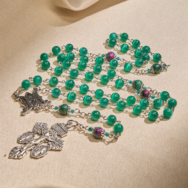 Christianartworkshop Natürliche pfauengrüne Katzenaugenperle mit Wundertätiger Medaille und Kruzifix-Rosenkranz - Wundertätige Medaille & Verzeihungskruzifix - image 2