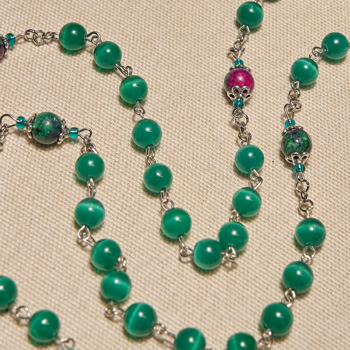 Christianartworkshop Natürliche pfauengrüne Katzenaugenperle mit Wundertätiger Medaille und Kruzifix-Rosenkranz - image 6