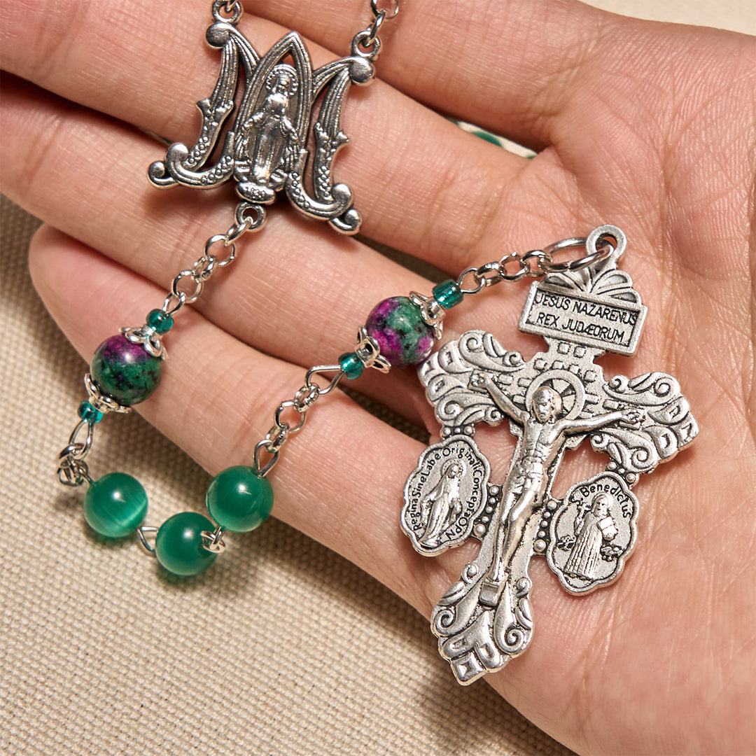 Christianartworkshop Natürliche pfauengrüne Katzenaugenperle mit Wundertätiger Medaille und Kruzifix-Rosenkranz - image 5
