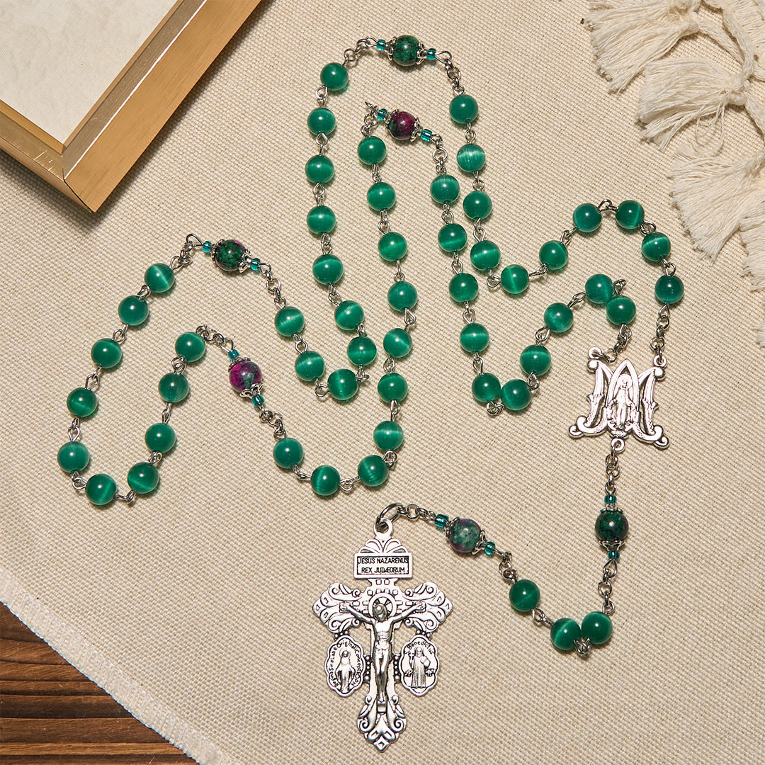 Christianartworkshop Natürliche pfauengrüne Katzenaugenperle mit Wundertätiger Medaille und Kruzifix-Rosenkranz - image 3