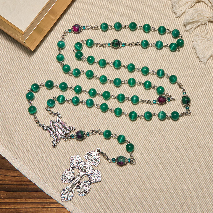 Christianartworkshop Natürliche pfauengrüne Katzenaugenperle mit Wundertätiger Medaille und Kruzifix-Rosenkranz - image 4