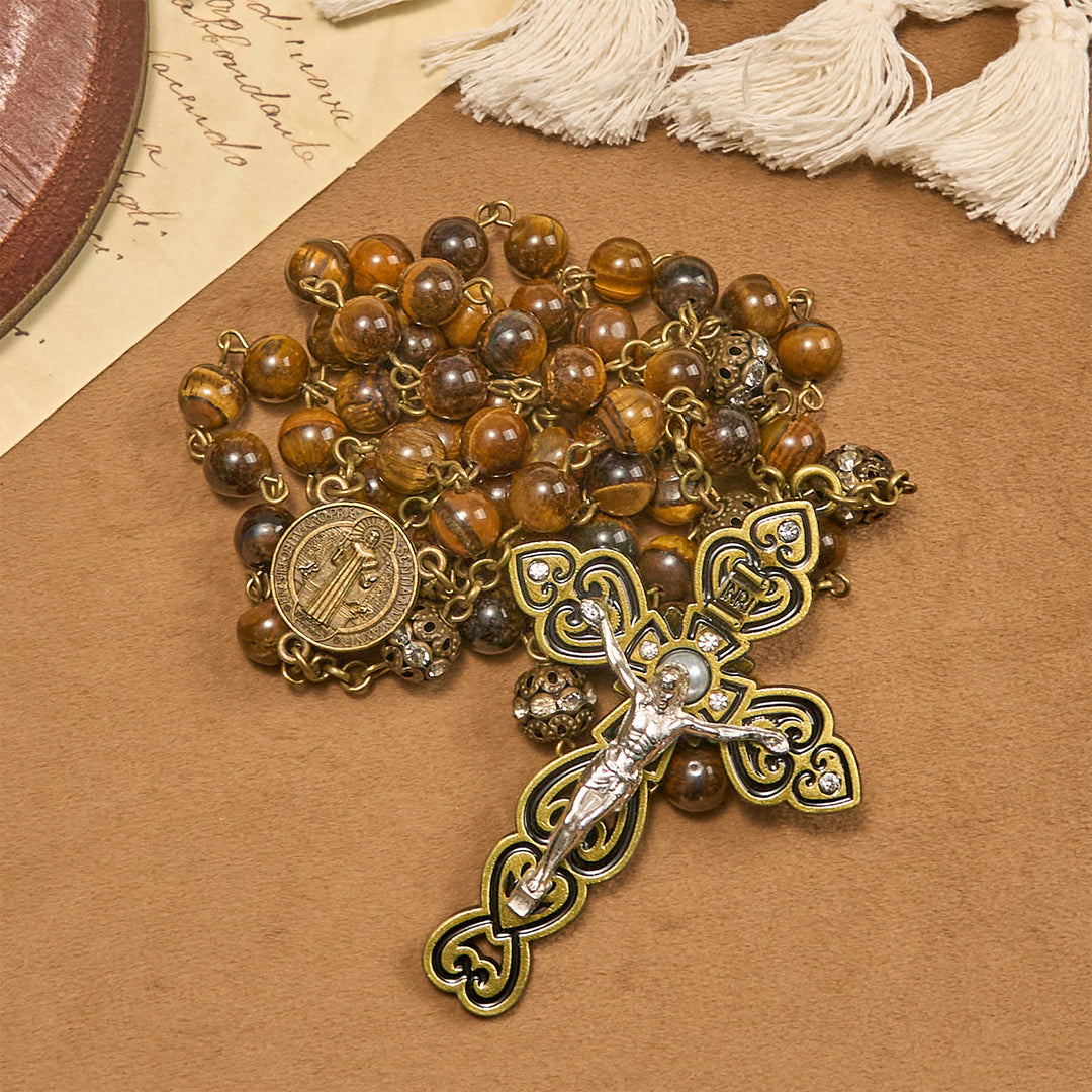 Christianartworkshop Natürliche Tigeraugenperlen und bronzene St. Benedikt-Medaille und Kruzifix-Rosenkranz - image 7