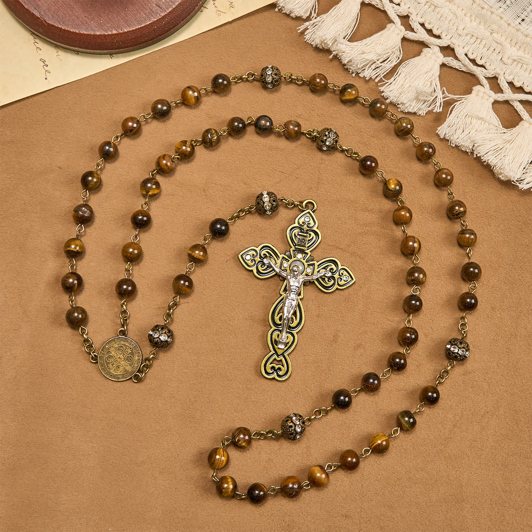 Christianartworkshop Natürliche Tigeraugenperlen und bronzene St. Benedikt-Medaille und Kruzifix-Rosenkranz - St. Benedikt und Kruzifix - image 1