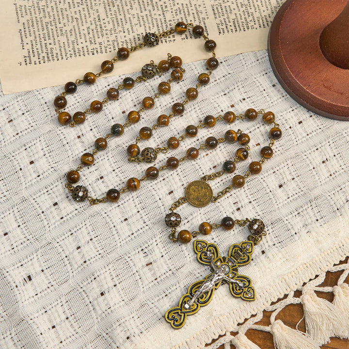 Christianartworkshop Natürliche Tigeraugenperlen und bronzene St. Benedikt-Medaille und Kruzifix-Rosenkranz - image 2