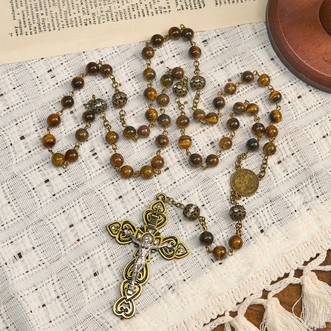 Christianartworkshop Natürliche Tigeraugenperlen und bronzene St. Benedikt-Medaille und Kruzifix-Rosenkranz - image 3
