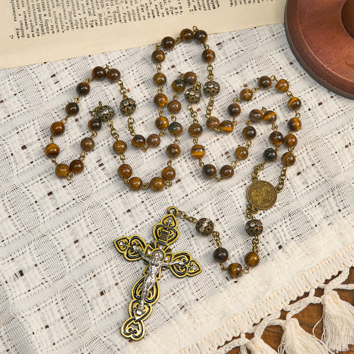 Christianartworkshop Natürliche Tigeraugenperlen und bronzene St. Benedikt-Medaille und Kruzifix-Rosenkranz - image 3