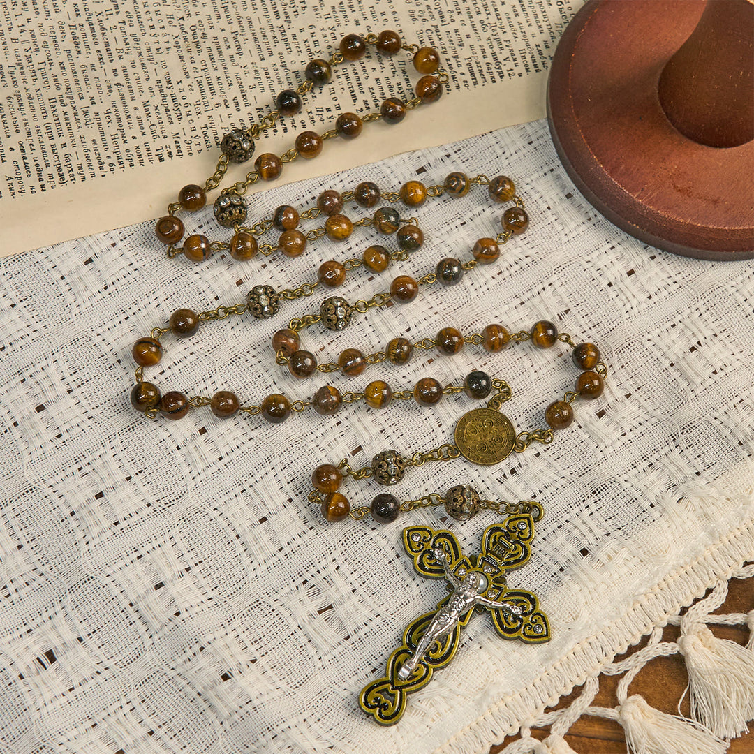 Christianartworkshop Natürliche Tigeraugenperlen und bronzene St. Benedikt-Medaille und Kruzifix-Rosenkranz - image 4