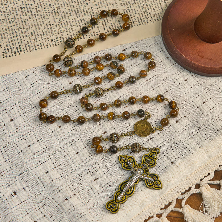 Christianartworkshop Natürliche Tigeraugenperlen und bronzene St. Benedikt-Medaille und Kruzifix-Rosenkranz - image 4
