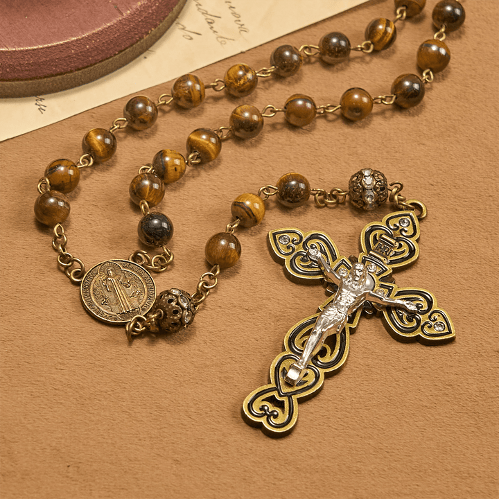 Christianartworkshop Natürliche Tigeraugenperlen und bronzene St. Benedikt-Medaille und Kruzifix-Rosenkranz - image 5