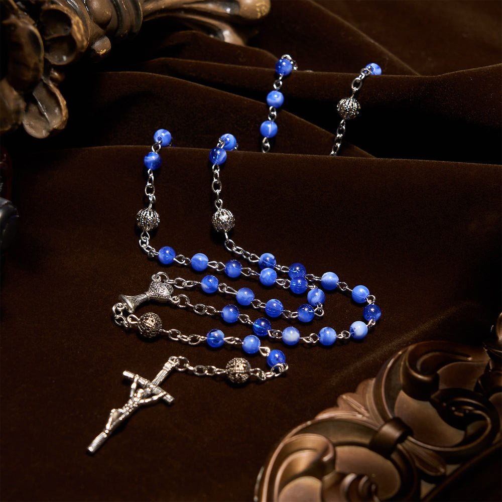 Christianartworkshop Elegante runde Perlen mit Farbverlauf in Blau, 6 mm, mit Rosenkranz mit Heiligem Gral und Kruzifix - image 2