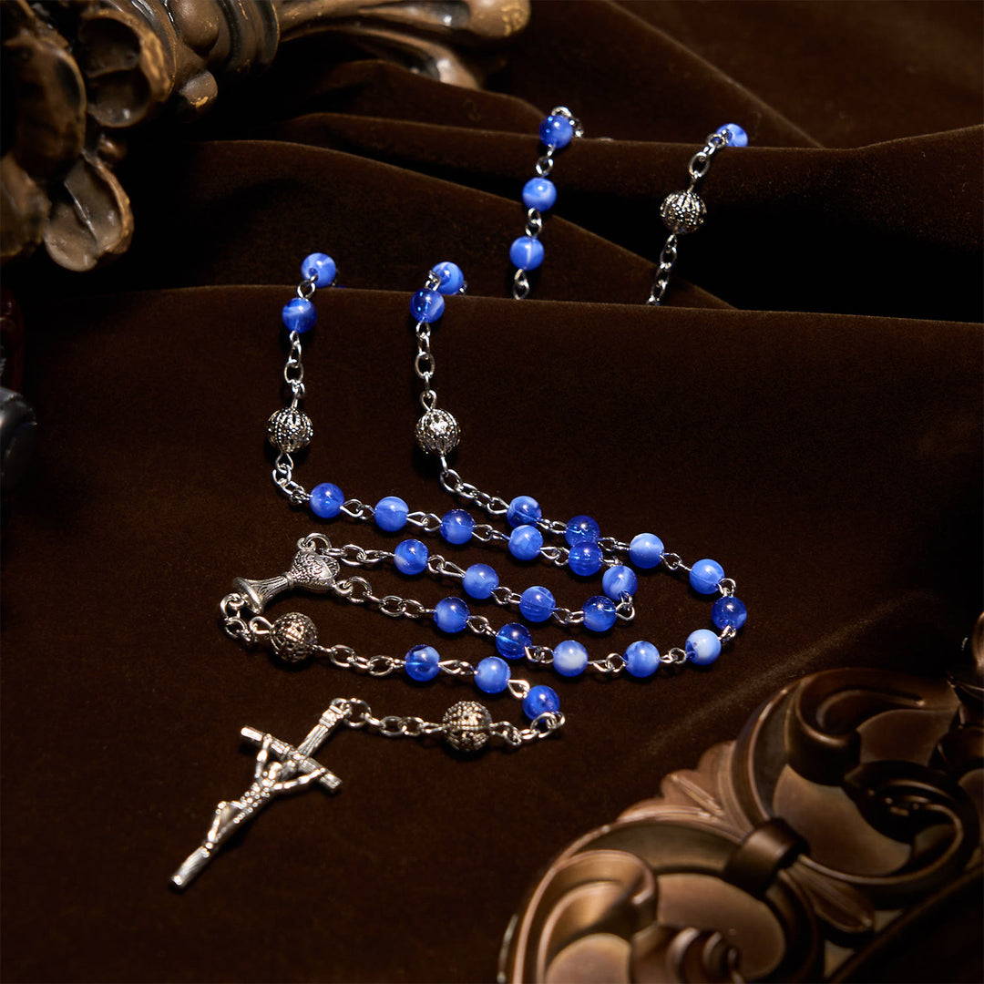 Christianartworkshop Elegante runde Perlen mit Farbverlauf in Blau, 6 mm, mit Rosenkranz mit Heiligem Gral und Kruzifix - image 2