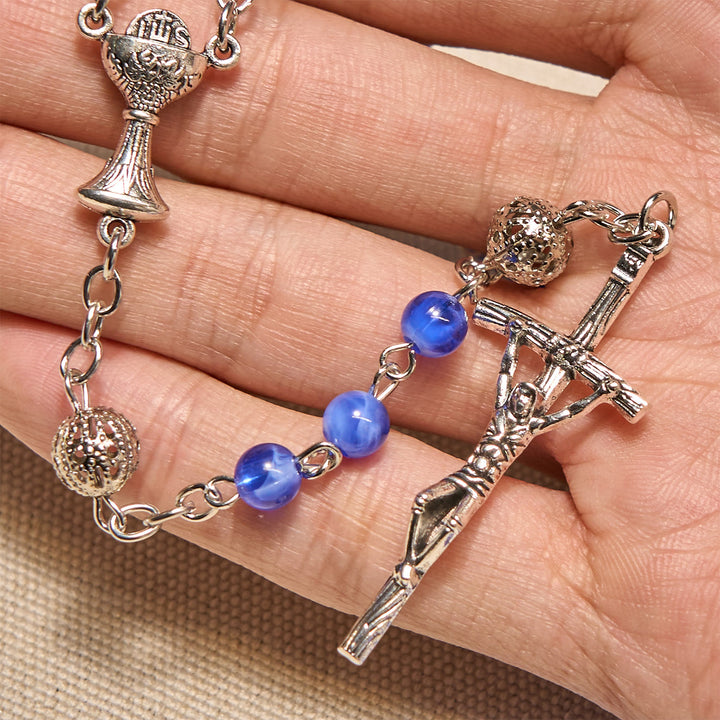 Christianartworkshop Elegante runde Perlen mit Farbverlauf in Blau, 6 mm, mit Rosenkranz mit Heiligem Gral und Kruzifix - image 5
