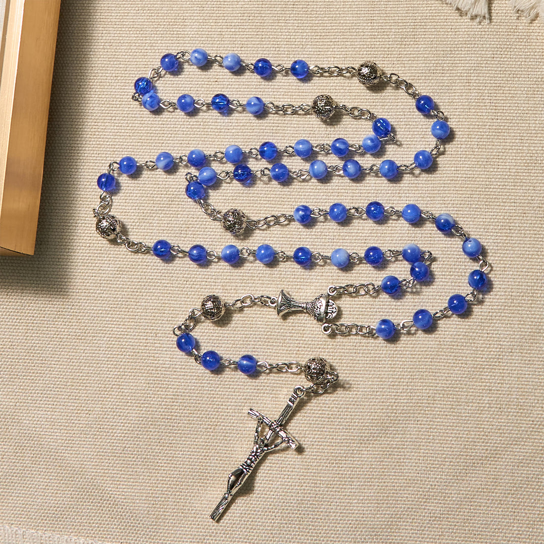 Christianartworkshop Elegante runde Perlen mit Farbverlauf in Blau, 6 mm, mit Rosenkranz mit Heiligem Gral und Kruzifix - image 3