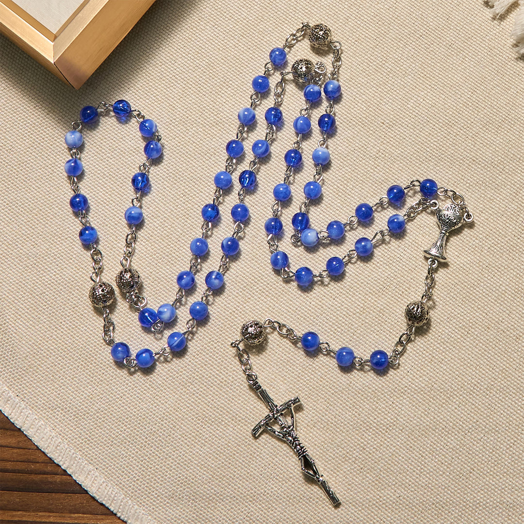 Christianartworkshop Elegante runde Perlen mit Farbverlauf in Blau, 6 mm, mit Rosenkranz mit Heiligem Gral und Kruzifix - image 4
