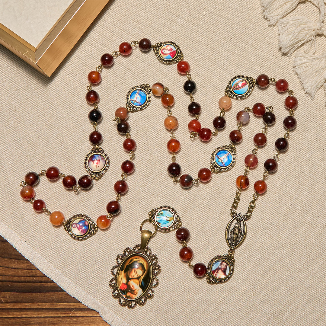Christianartworkshop Madonna-Medaille und Heilige Symbole aus verträumten braunen Achatperlen, Rosenkranz - image 4
