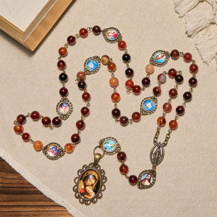 Christianartworkshop Madonna-Medaille und Heilige Symbole aus verträumten braunen Achatperlen, Rosenkranz - image 4