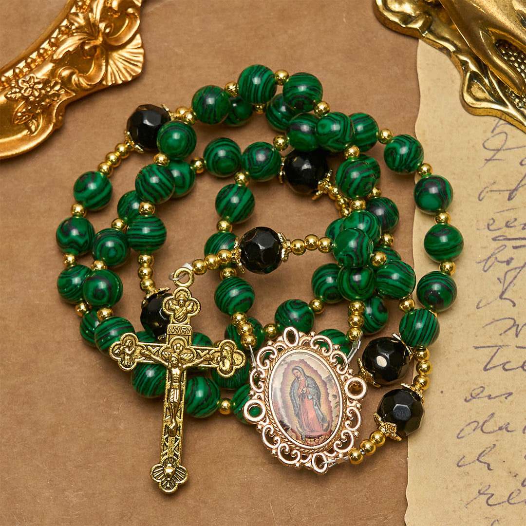 Christianartworkshop Glatter grüner Tigerauge-Rosenkranz mit Kruzifix und heiliger Wundermedaille - Wundertätige Medaille & Kruzifix - image 1