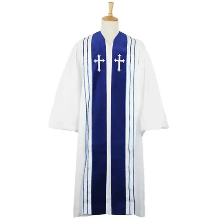 Christianartworkshop Weiße Kirchenrobe für Geistliche mit gestickten Kreuzen und blauem Paneel-Design - image 4