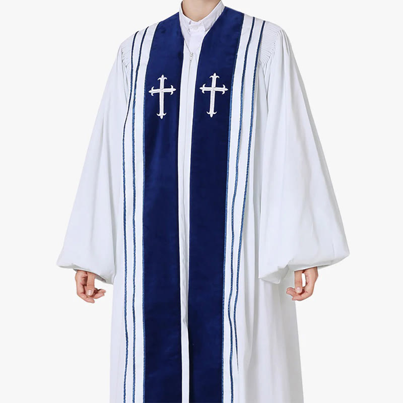 Christianartworkshop Weiße Kirchenrobe für Geistliche mit gestickten Kreuzen und blauem Paneel-Design - 3XL - image 1
