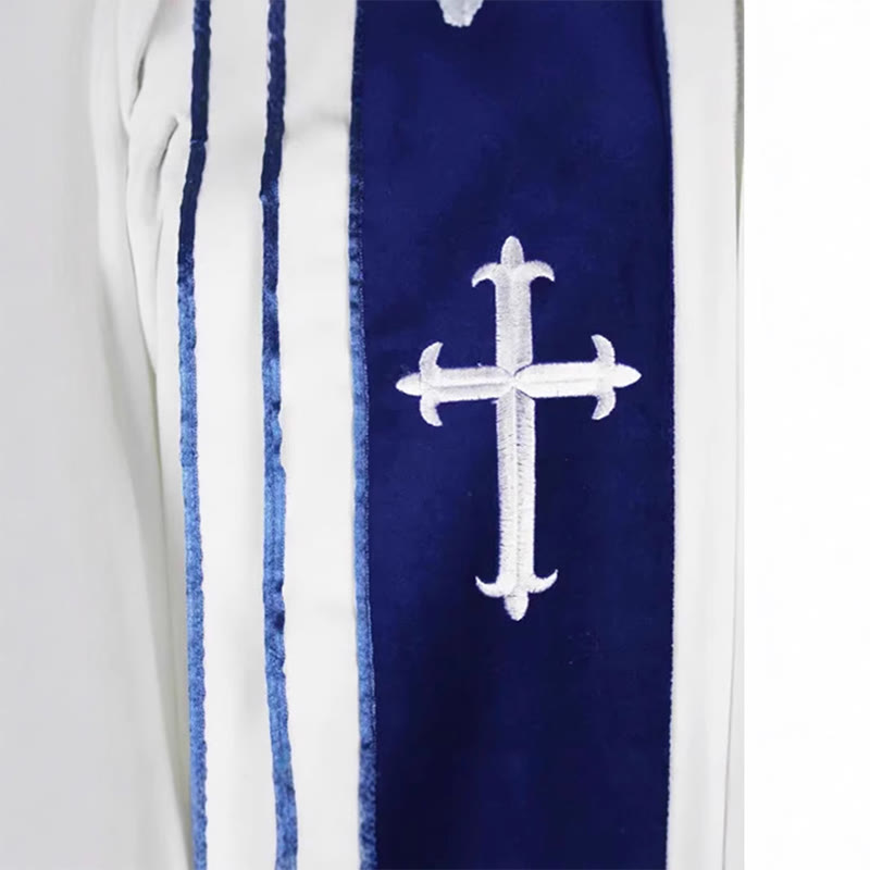 Christianartworkshop Weiße Kirchenrobe für Geistliche mit gestickten Kreuzen und blauem Paneel-Design - image 7
