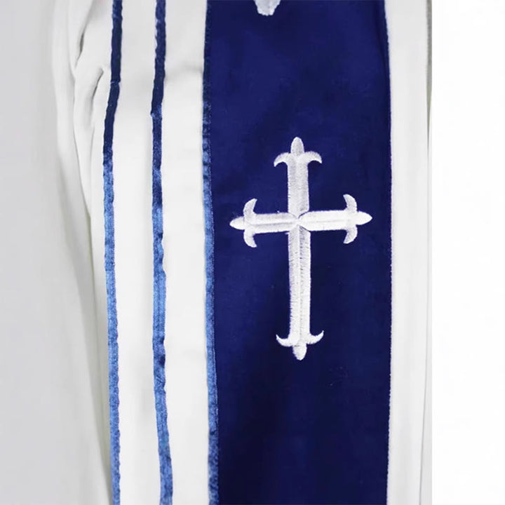 Christianartworkshop Weiße Kirchenrobe für Geistliche mit gestickten Kreuzen und blauem Paneel-Design - image 7
