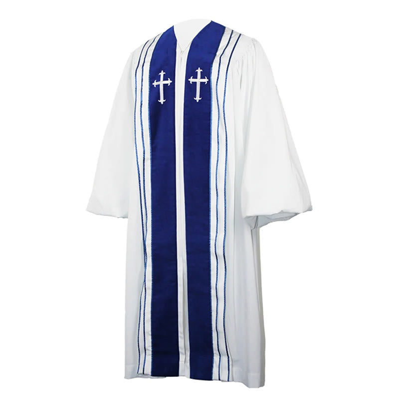 Christianartworkshop Weiße Kirchenrobe für Geistliche mit gestickten Kreuzen und blauem Paneel-Design - image 5