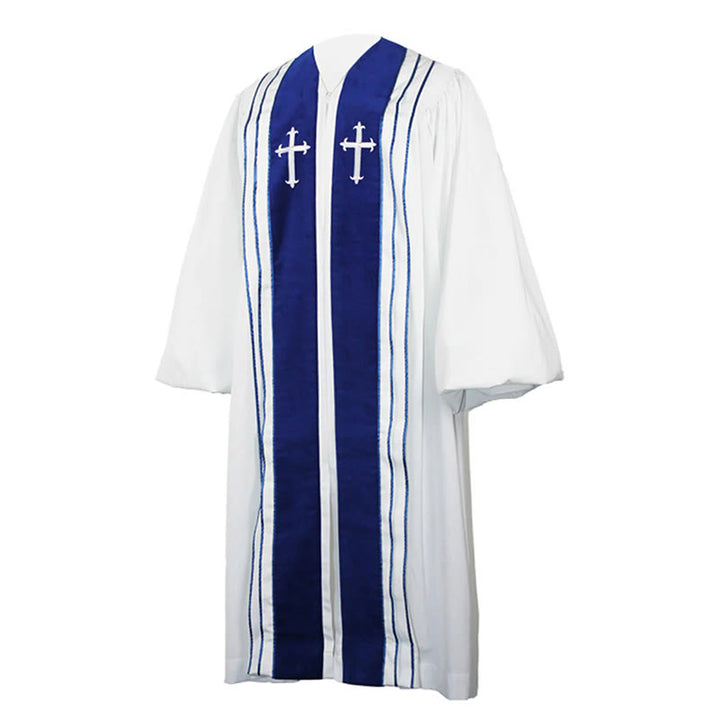 Christianartworkshop Weiße Kirchenrobe für Geistliche mit gestickten Kreuzen und blauem Paneel-Design - image 5