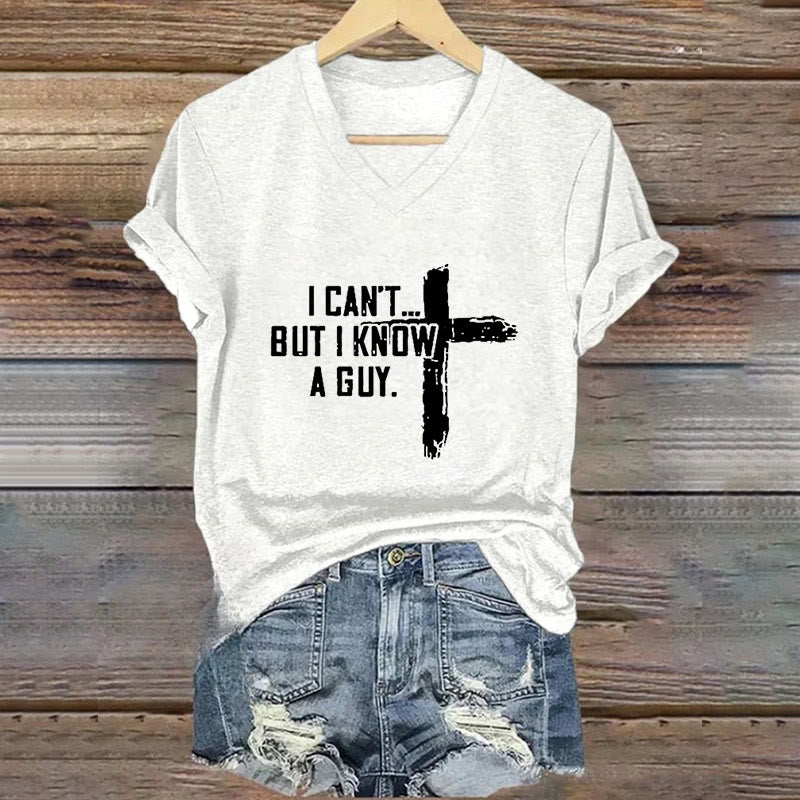 Christianartworkshop Damen T-Shirt mit V-Ausschnitt und Aufdruck „I Can't But I Know A Guy Faith“ - Weiß - 4XL - image 1