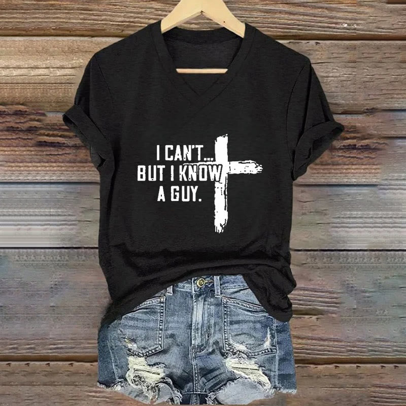 Christianartworkshop Damen T-Shirt mit V-Ausschnitt und Aufdruck „I Can't But I Know A Guy Faith“ - Schwarz - 4XL - image 4