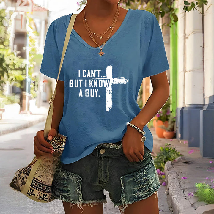 Christianartworkshop Damen T-Shirt mit V-Ausschnitt und Aufdruck „I Can't But I Know A Guy Faith“ - image 9