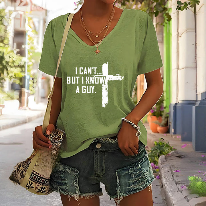 Christianartworkshop Damen T-Shirt mit V-Ausschnitt und Aufdruck „I Can't But I Know A Guy Faith“ - image 7