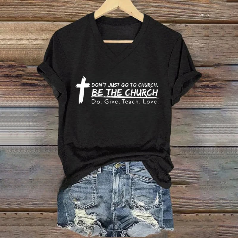 Christianartworkshop Damen T-Shirt mit V-Ausschnitt „Don't Just Go To Church Be The Church“ - Schwarz - 4XL - image 4