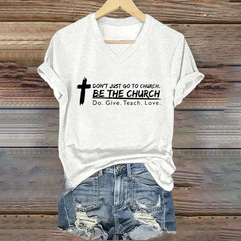 Christianartworkshop Damen T-Shirt mit V-Ausschnitt „Don't Just Go To Church Be The Church“ - Weiß - 4XL - image 1