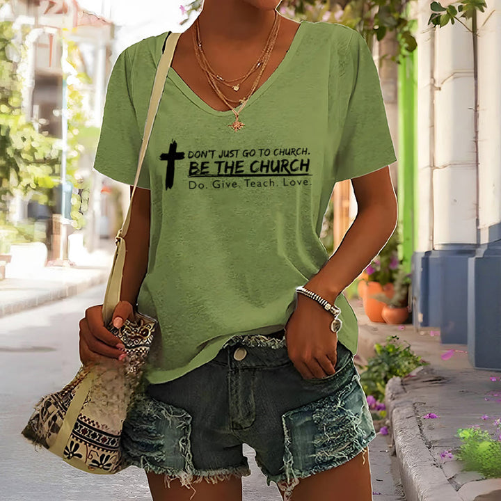 Christianartworkshop Damen T-Shirt mit V-Ausschnitt „Don't Just Go To Church Be The Church“ - image 7