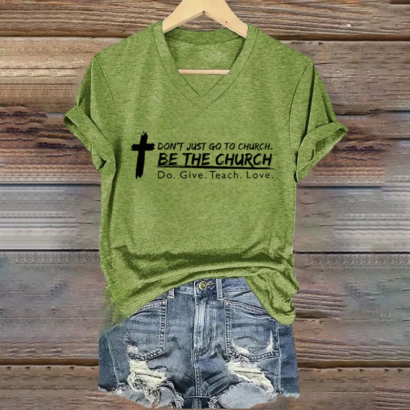 Christianartworkshop Damen T-Shirt mit V-Ausschnitt „Don't Just Go To Church Be The Church“ - Grün - 4XL - image 6