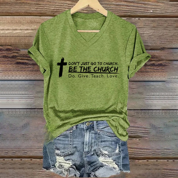 Christianartworkshop Damen T-Shirt mit V-Ausschnitt „Don't Just Go To Church Be The Church“ - Grün - 4XL - image 6