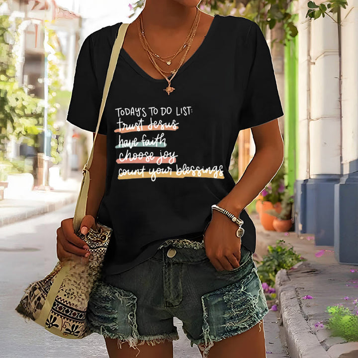 Christianartworkshop T-Shirt mit V-Ausschnitt, Motiv: „Today's To-Do List Trust Jesus Have Faith Choose Joy“ - image 5