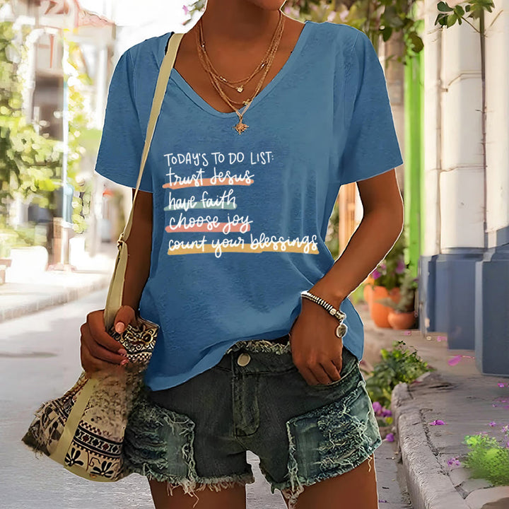 Christianartworkshop T-Shirt mit V-Ausschnitt, Motiv: „Today's To-Do List Trust Jesus Have Faith Choose Joy“ - image 9
