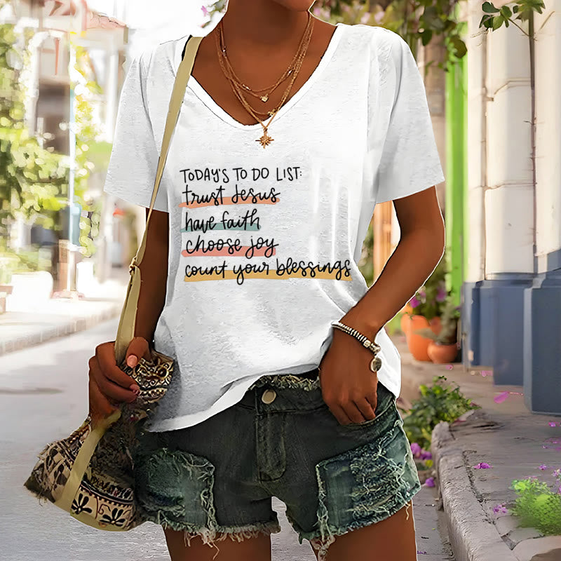 Christianartworkshop T-Shirt mit V-Ausschnitt, Motiv: „Today's To-Do List Trust Jesus Have Faith Choose Joy“ - image 7