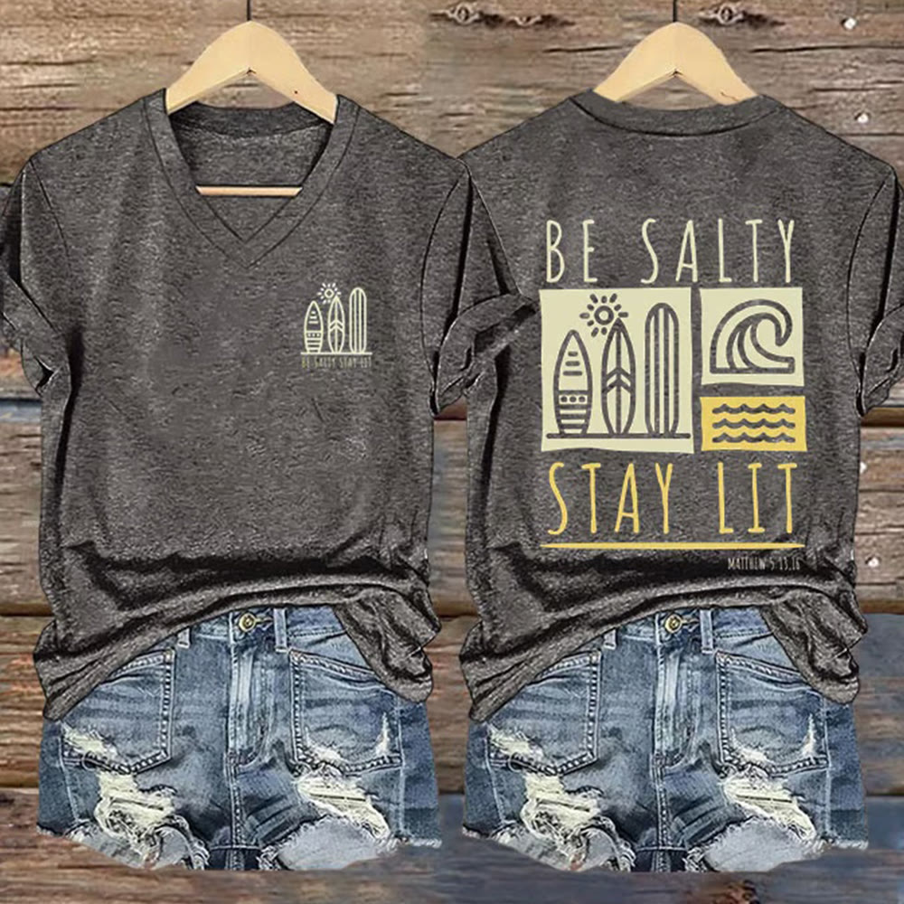 Christianartworkshop Damen-T-Shirt mit V-Ausschnitt und Aufdruck „Be Salty Stay Lit“ - Grau - 4XL - image 1
