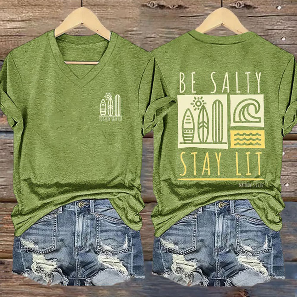 Christianartworkshop Damen-T-Shirt mit V-Ausschnitt und Aufdruck „Be Salty Stay Lit“ - Grün - 4XL - image 5