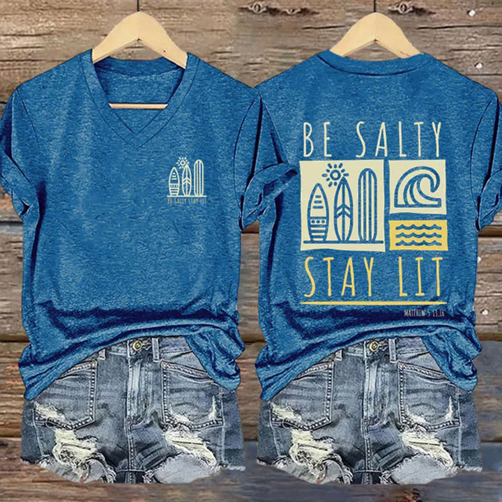 Christianartworkshop Damen-T-Shirt mit V-Ausschnitt und Aufdruck „Be Salty Stay Lit“ - Blau - 4XL - image 4