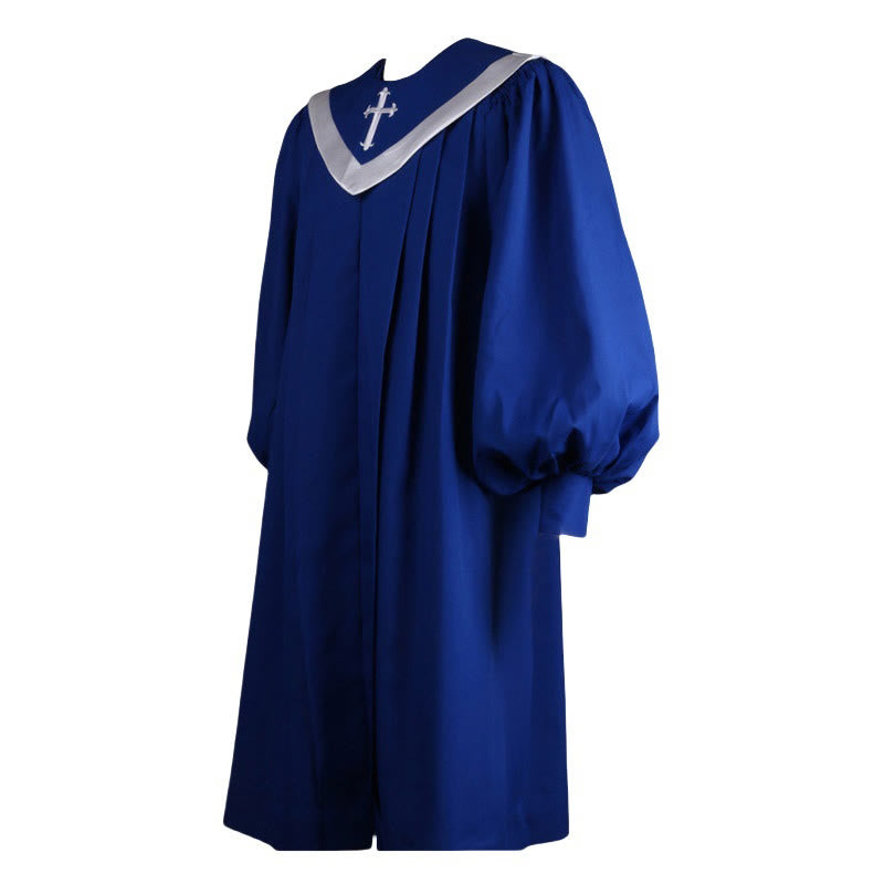 Christianartworkshop Elegante zeremonielle blaue Priesterrobe mit weißem V-Ausschnittbesatz und Kreuz - 3XL - image 1