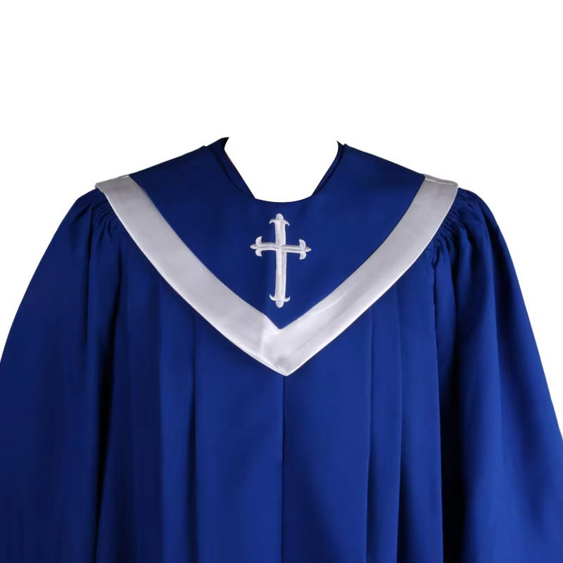 Christianartworkshop Elegante zeremonielle blaue Priesterrobe mit weißem V-Ausschnittbesatz und Kreuz - image 3