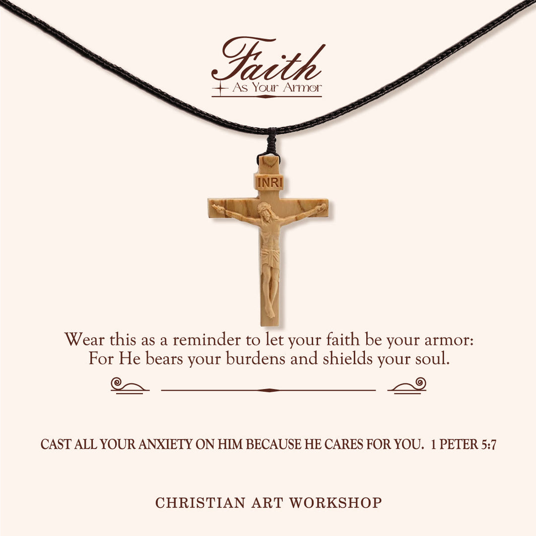 Christianartworkshop GLAUBE ALS IHRE RÜSTUNG: Jesus-Kruzifix-Halskette aus Holz - GLAUBE ALS DEINE RÜSTUNG - Licht - image 0