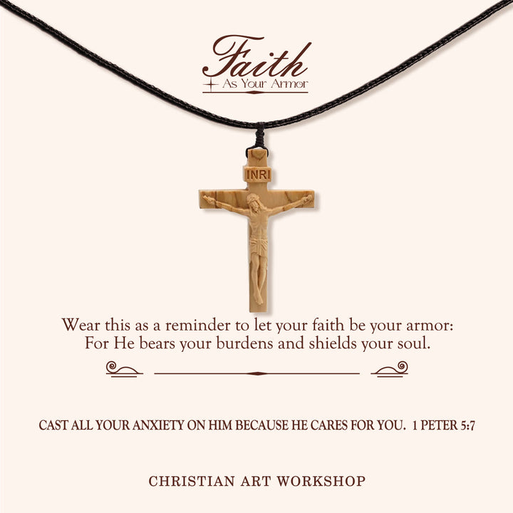 Christianartworkshop GLAUBE ALS IHRE RÜSTUNG: Jesus-Kruzifix-Halskette aus Holz - GLAUBE ALS DEINE RÜSTUNG - Licht - image 0