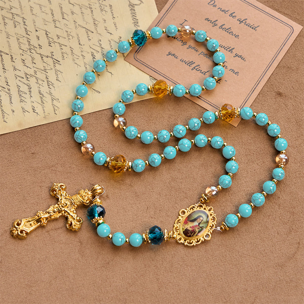 Handgefertigter Rosenkranz aus Türkis und Goldlegierung mit Kruzifix und St.-Therese-Medaille von Christianartworkshop : Anmutige spirituelle Verbindung - image 1